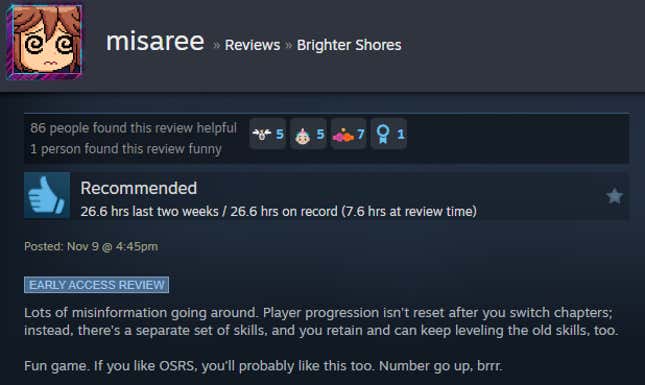 A screenshot shows a Steam user review of Brighter Shores.