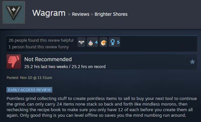 A screenshot shows a Steam user review of Brighter Shores.