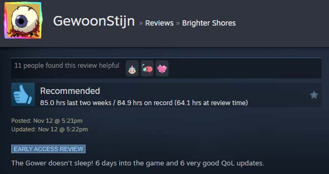 A screenshot shows a Steam user review of Brighter Shores.