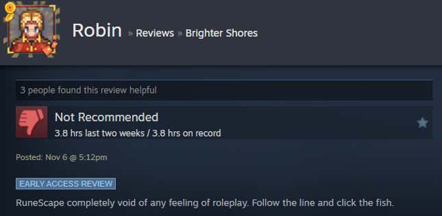 A screenshot shows a Steam user review of Brighter Shores.