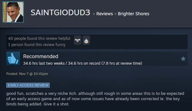 A screenshot shows a Steam user review of Brighter Shores.