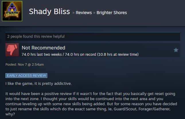 A screenshot shows a Steam user review of Brighter Shores.