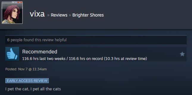 A screenshot shows a Steam user review of Brighter Shores.