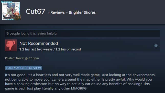 A screenshot shows a Steam user review of Brighter Shores.