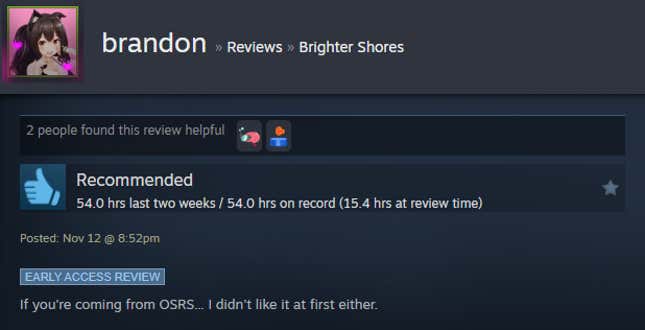 A screenshot shows a Steam user review of Brighter Shores.