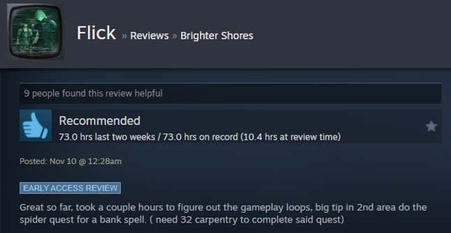 A screenshot shows a Steam user review of Brighter Shores.