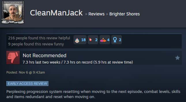 A screenshot shows a Steam user review of Brighter Shores.