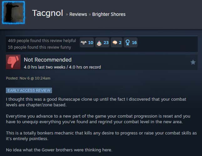 A screenshot shows a Steam user review of Brighter Shores.