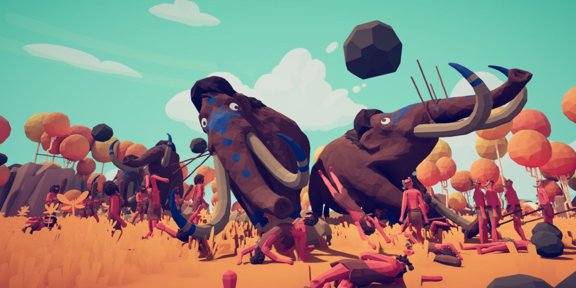 Two giant mammoths wreaking havoc to soldiers in Totally Accurate Battle Simulator.