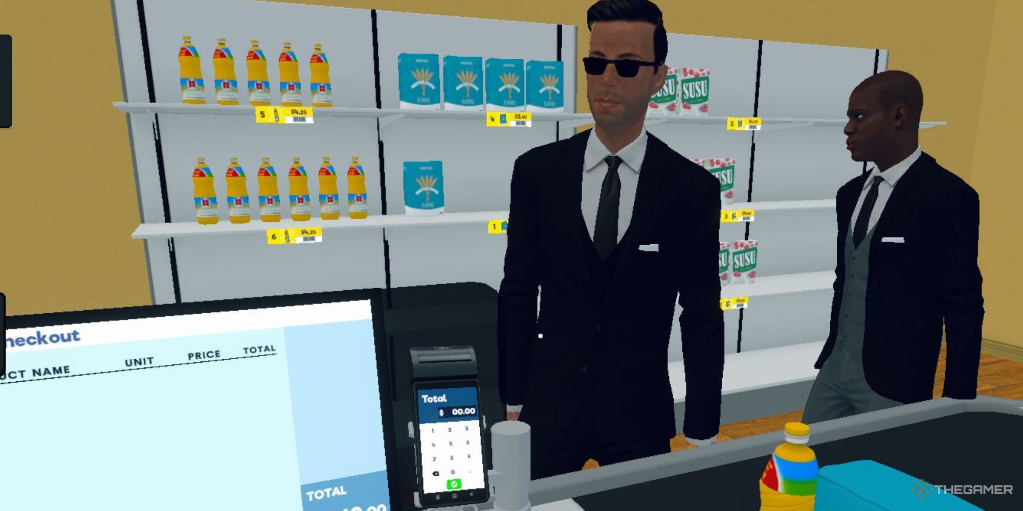 Supermarket Simulator screenshot of two male customers in line.