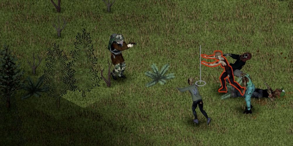 A survivor takes out zombies with a M1911 Pistol in Project Zomboid.