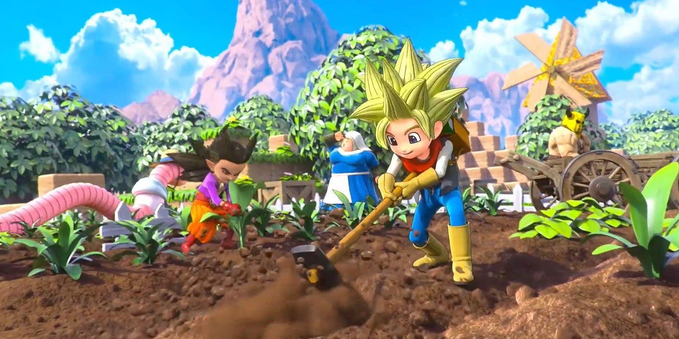 Dragon Quest Builders 2 screenshot of arming cinematic main character tilling soil.