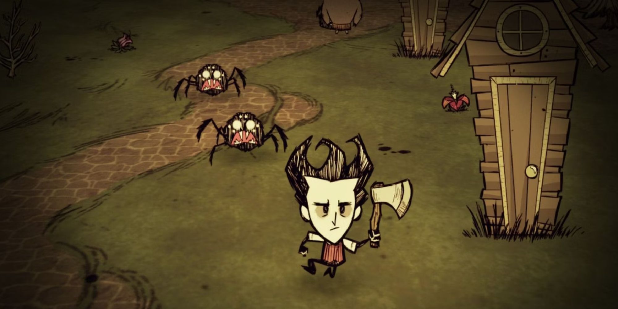 Don't Starve screenshot of Wilson running from two spiders with an axe.