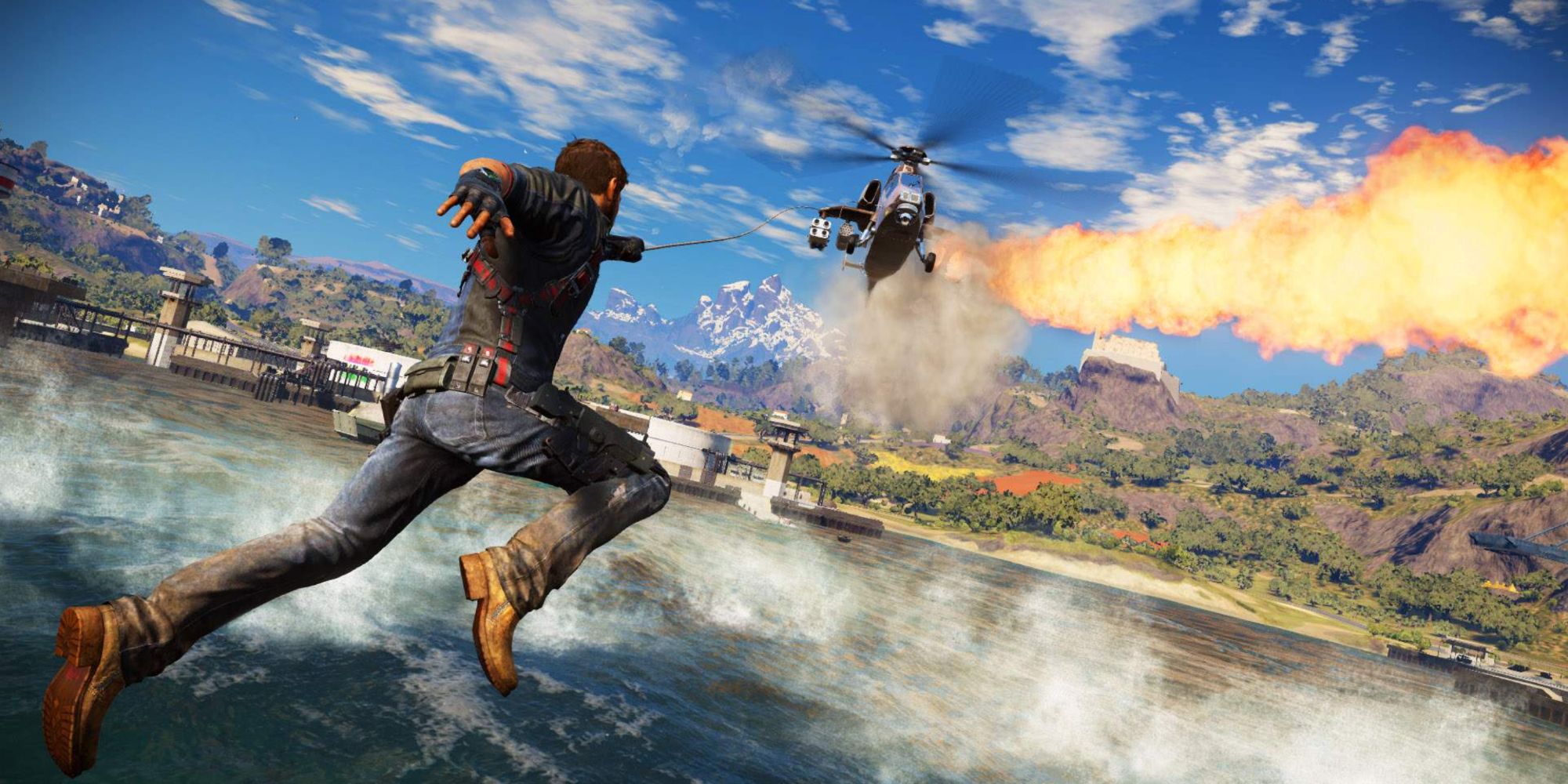 Rico grappling onto a helicopter in Just Cause 3.