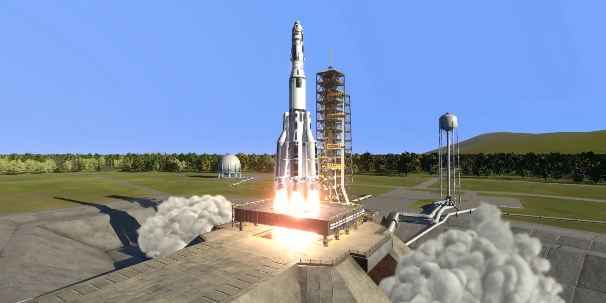 Kerbal Space Program screenshot of a rocket taking off.