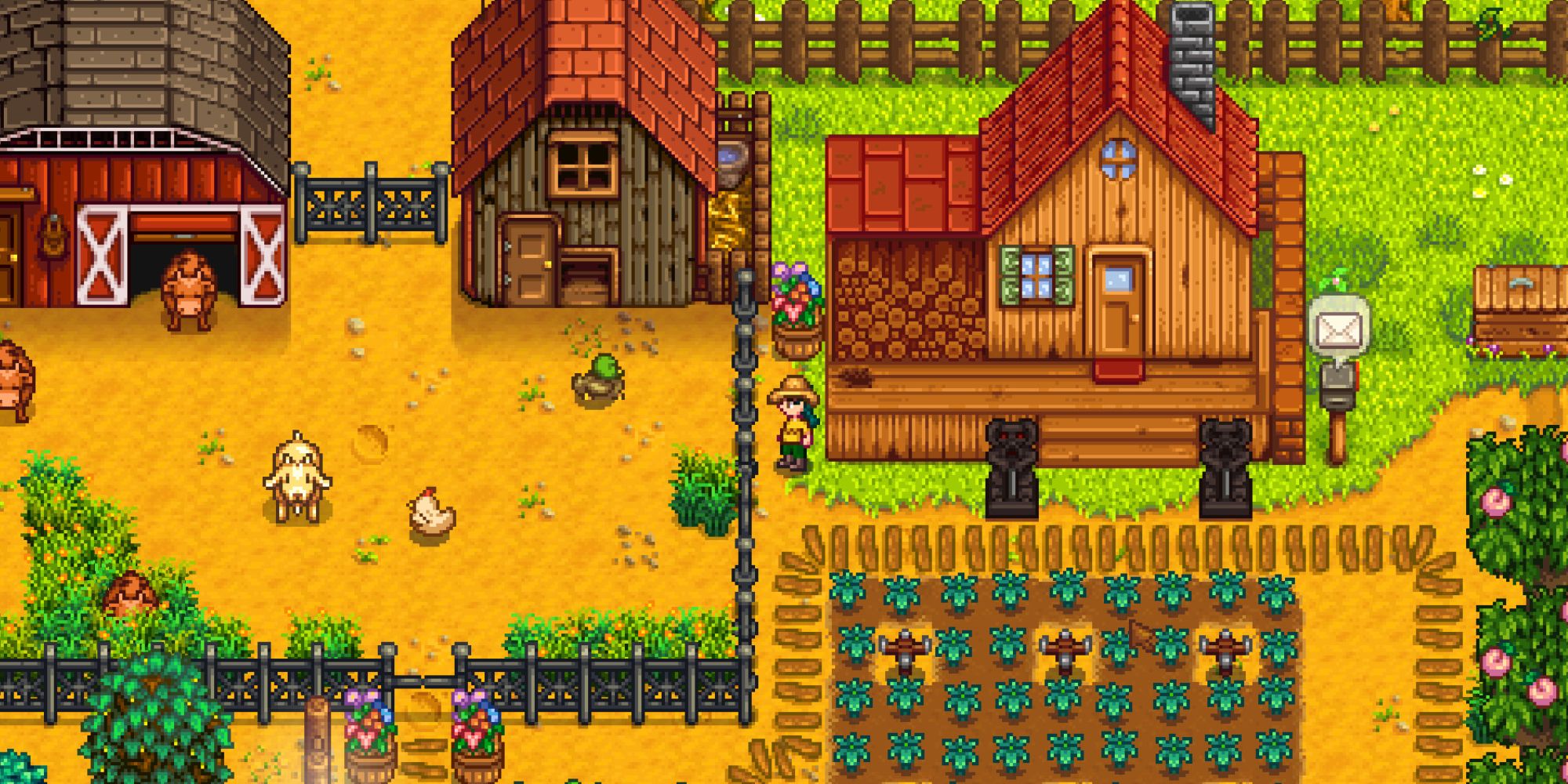 Stardew Valley screenshot of farm with animals and crops.