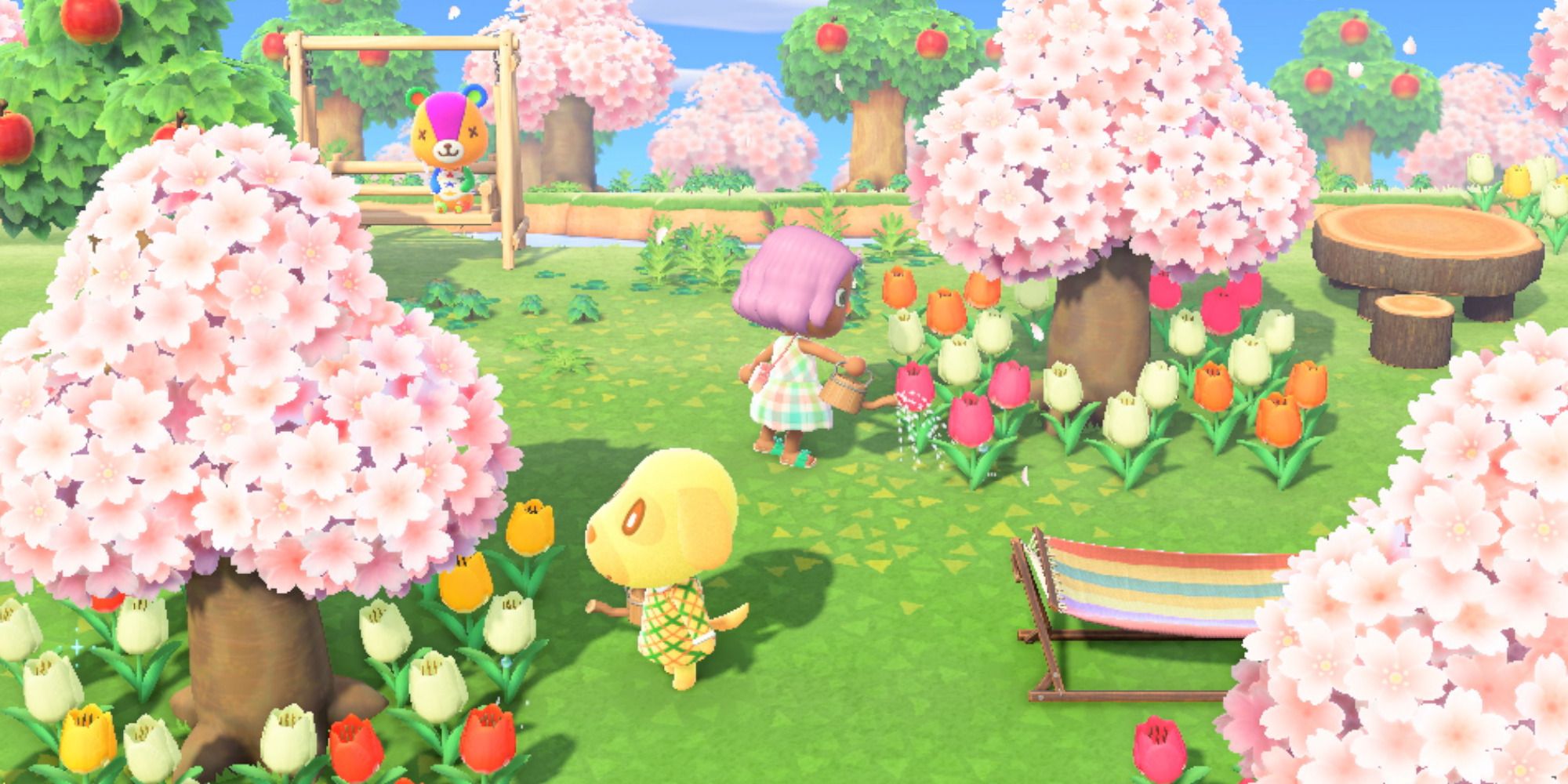 Animal Crossings New Horizons screenshot of a few characters watering flowers.