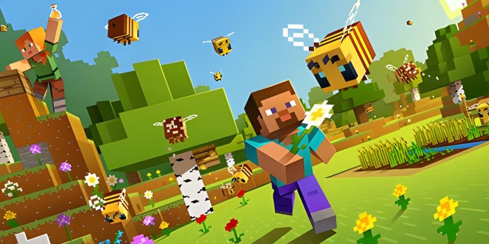 Minecraft game cover showing Steve holding a flower to a bee.