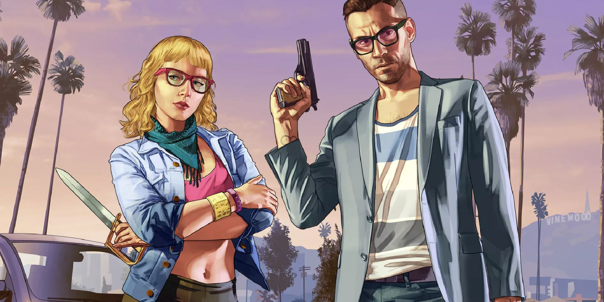 GTA Online screenshot of loading screen containing women with blade and man with gun.