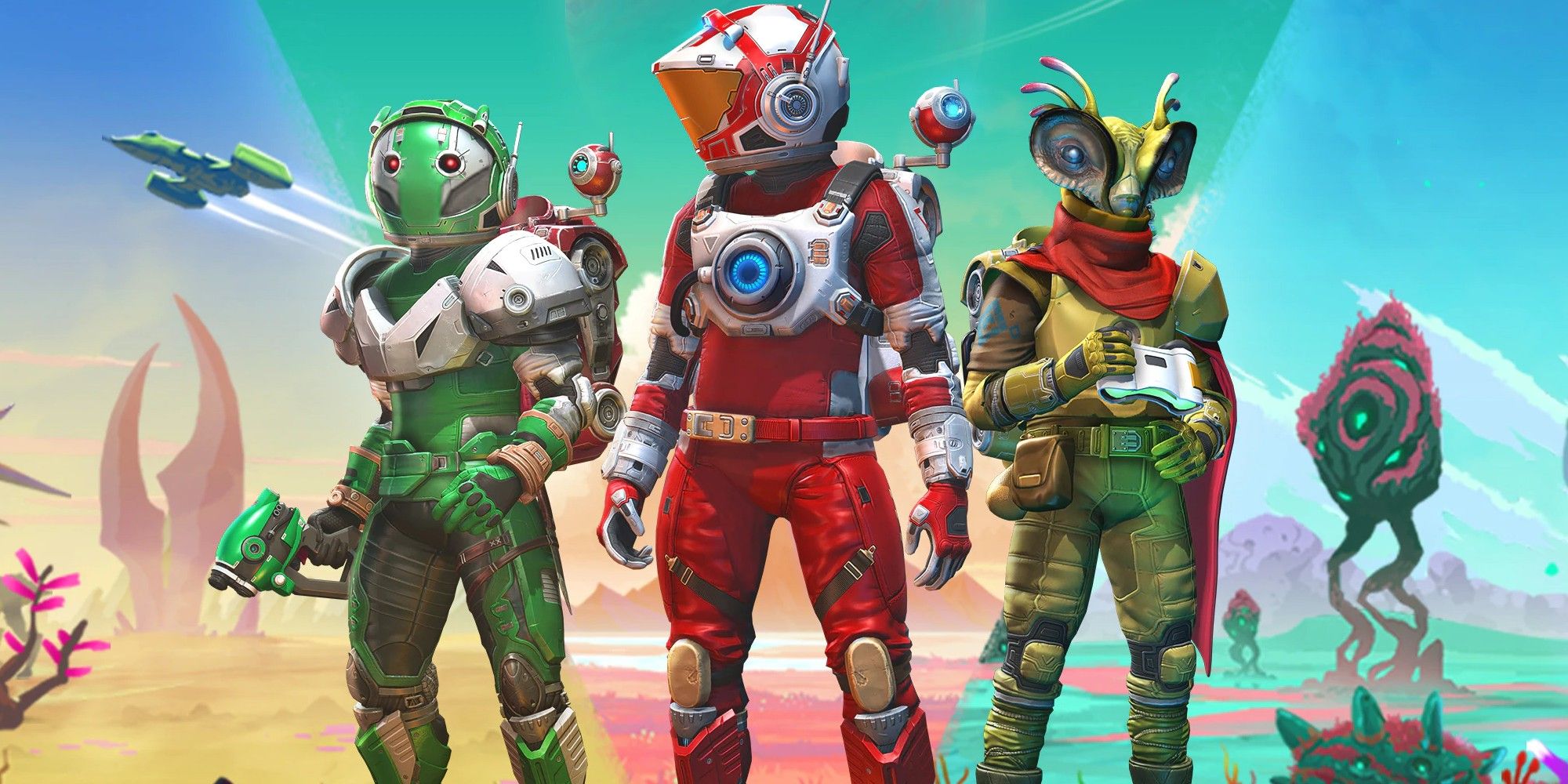 No Man's Sky screenshot of three characters in promotional image.