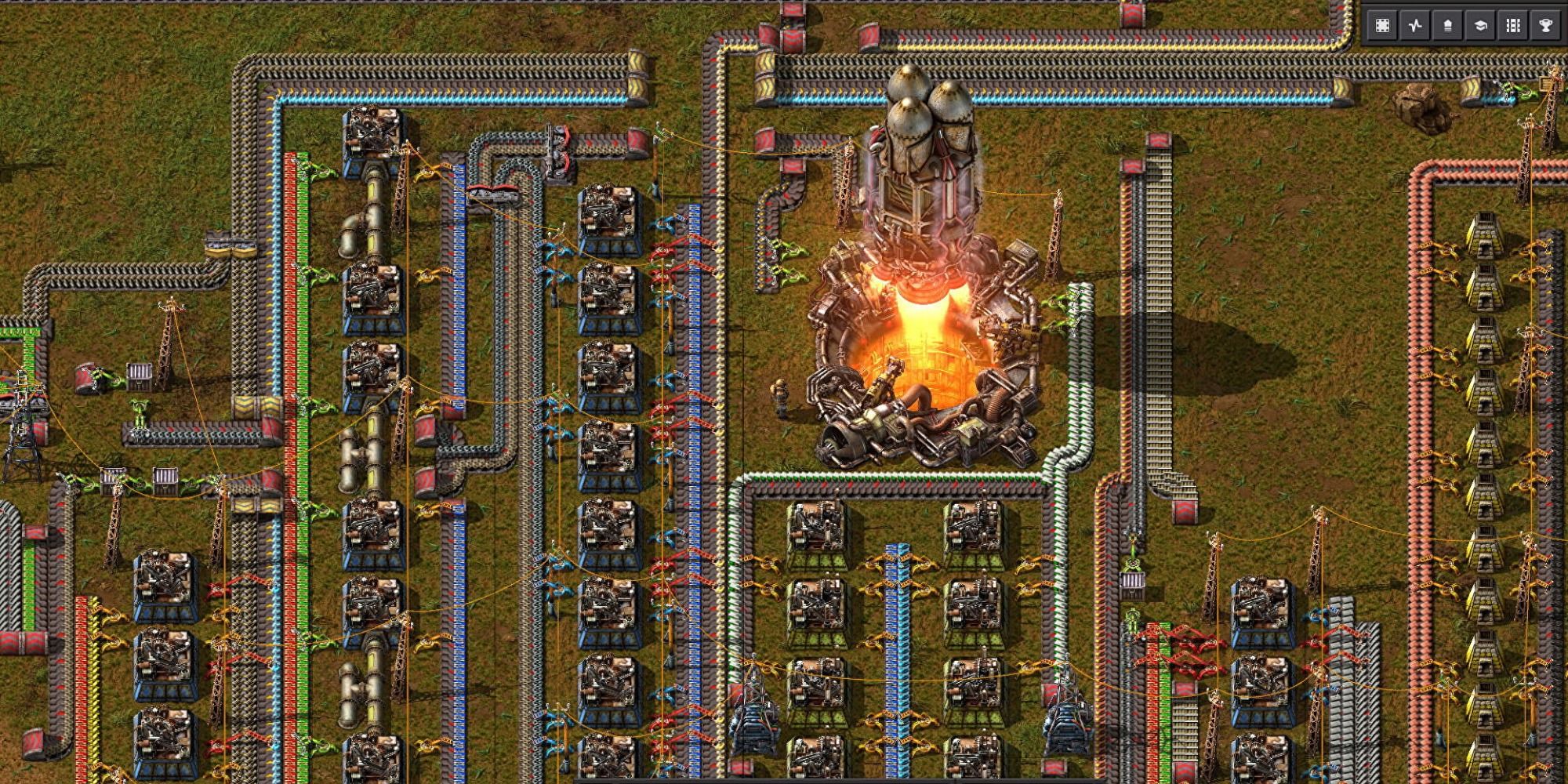 Factorio - A Rocket Ship Blasting Off Into The Sky.