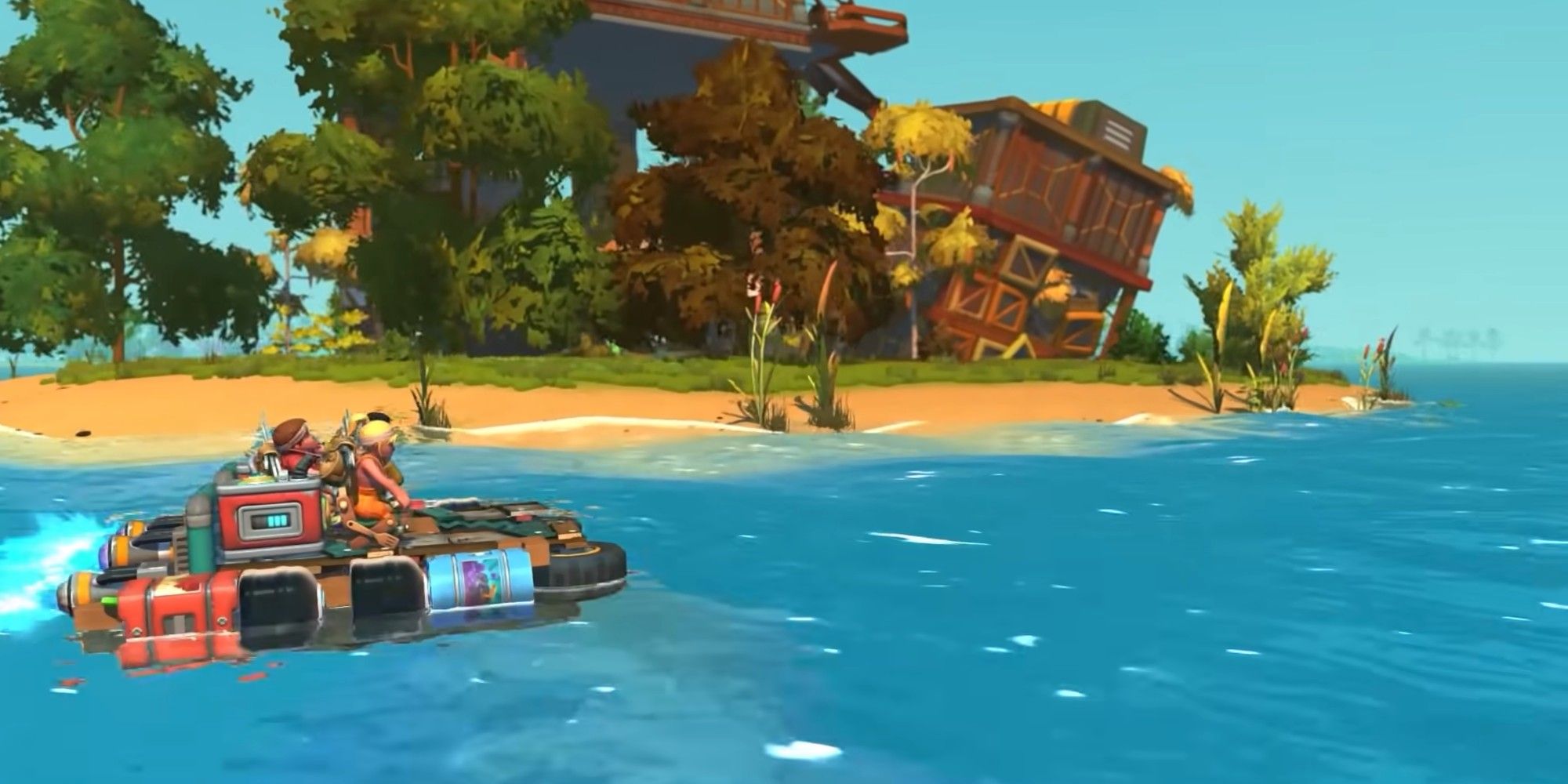 Scrap Mechanic screenshot of boat next to beach.