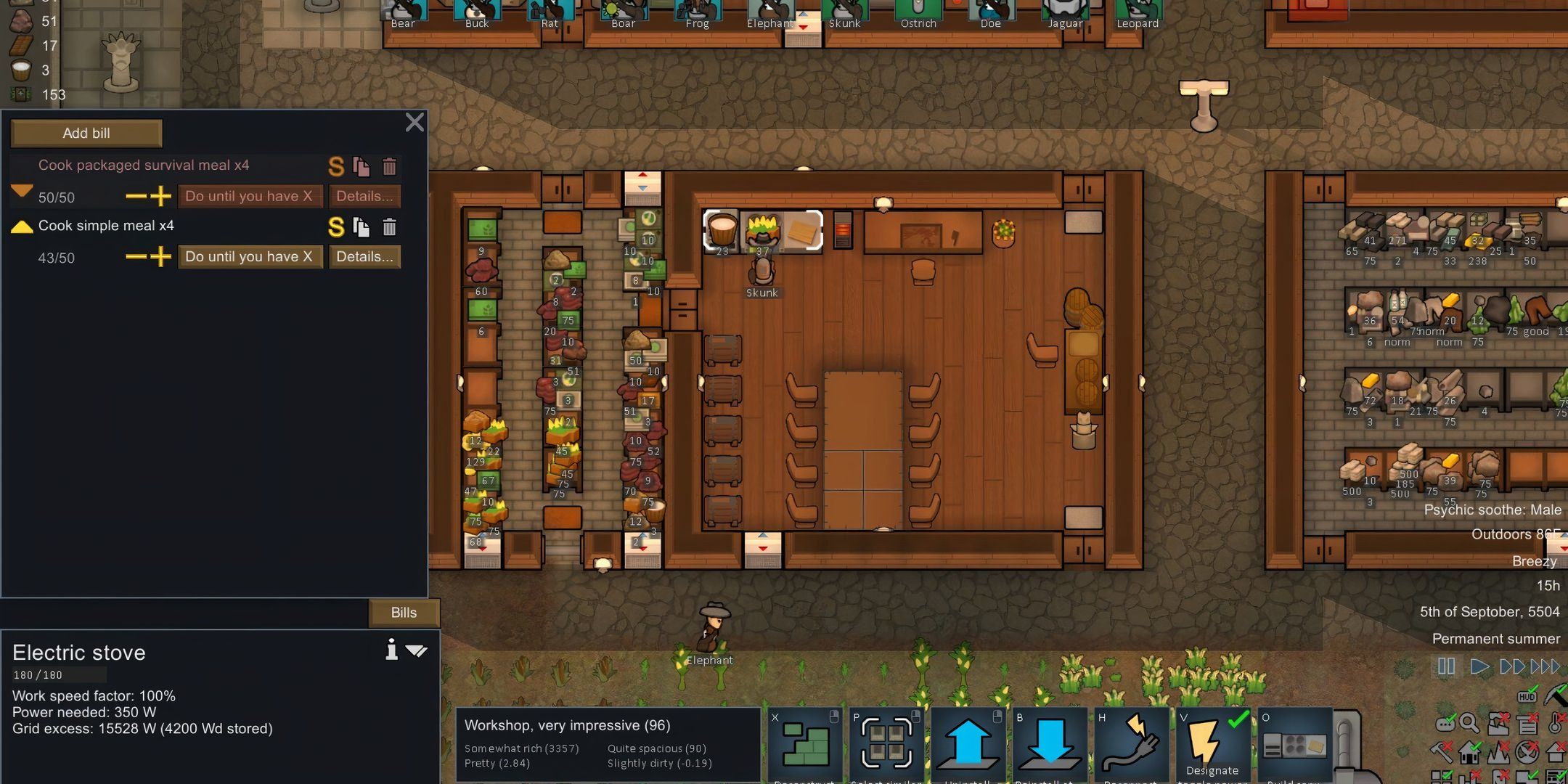 Colonist preparing simple meal in the stove menu in Rimworld.