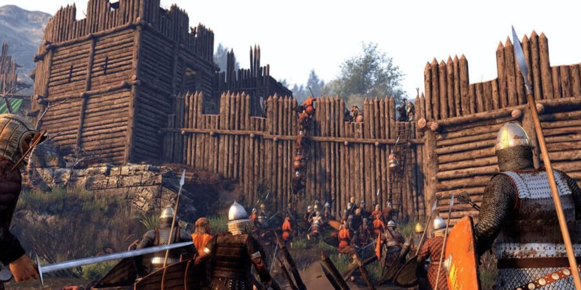 Soldiers charge forward and climb up ladders to infiltrate wooden fortifications in Mount and Blade 2.