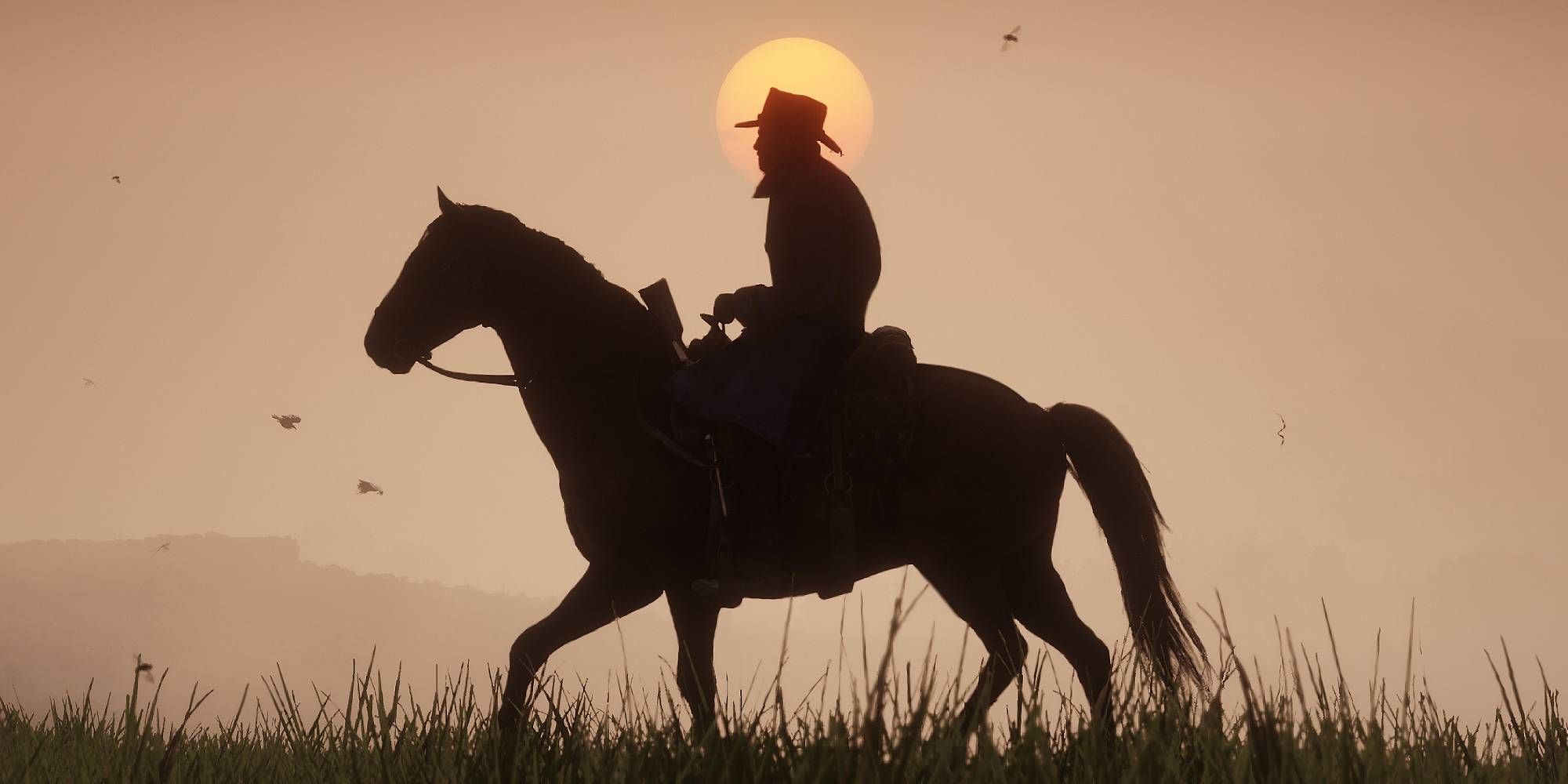 Arthur Morgan from Red Dead Redemption 2 riding on a horse.