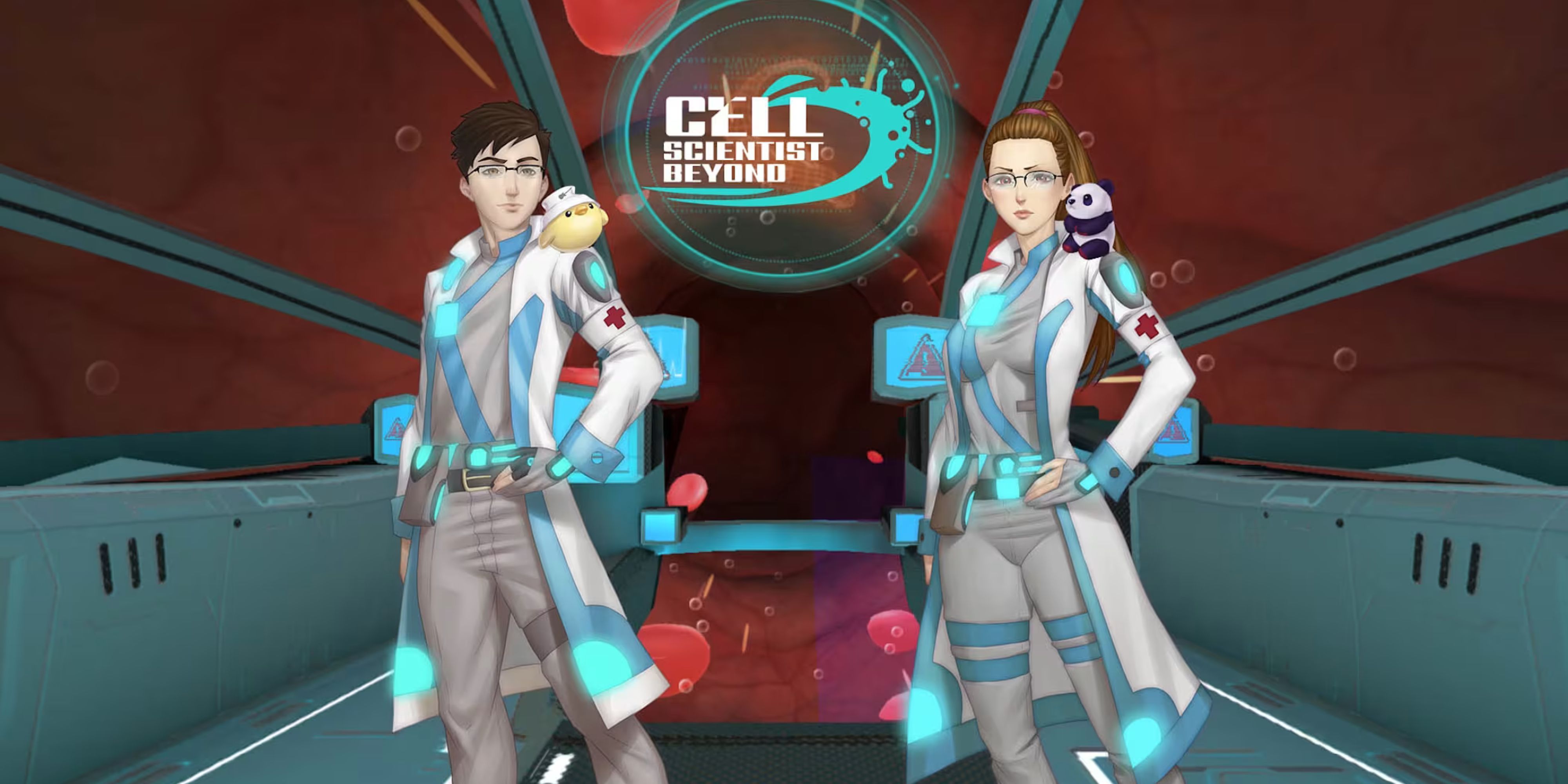 One of the official images of Cell Scientist: Beyond. It features the protagonists standing side by side.