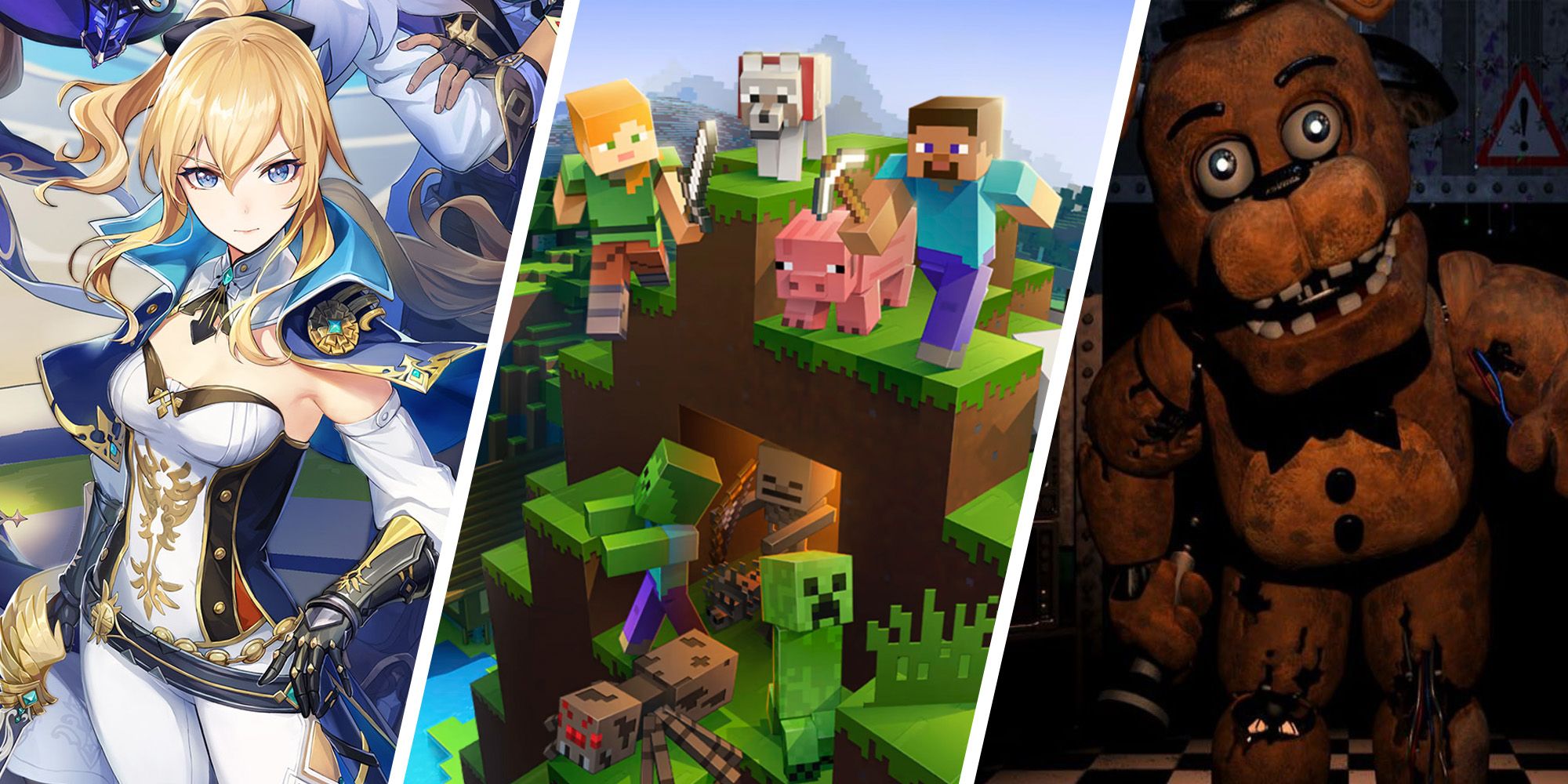 Best iPhone Games You Can Play - Split Image Of Genshin Impact, Minecraft, And Five Nights At Freddy's