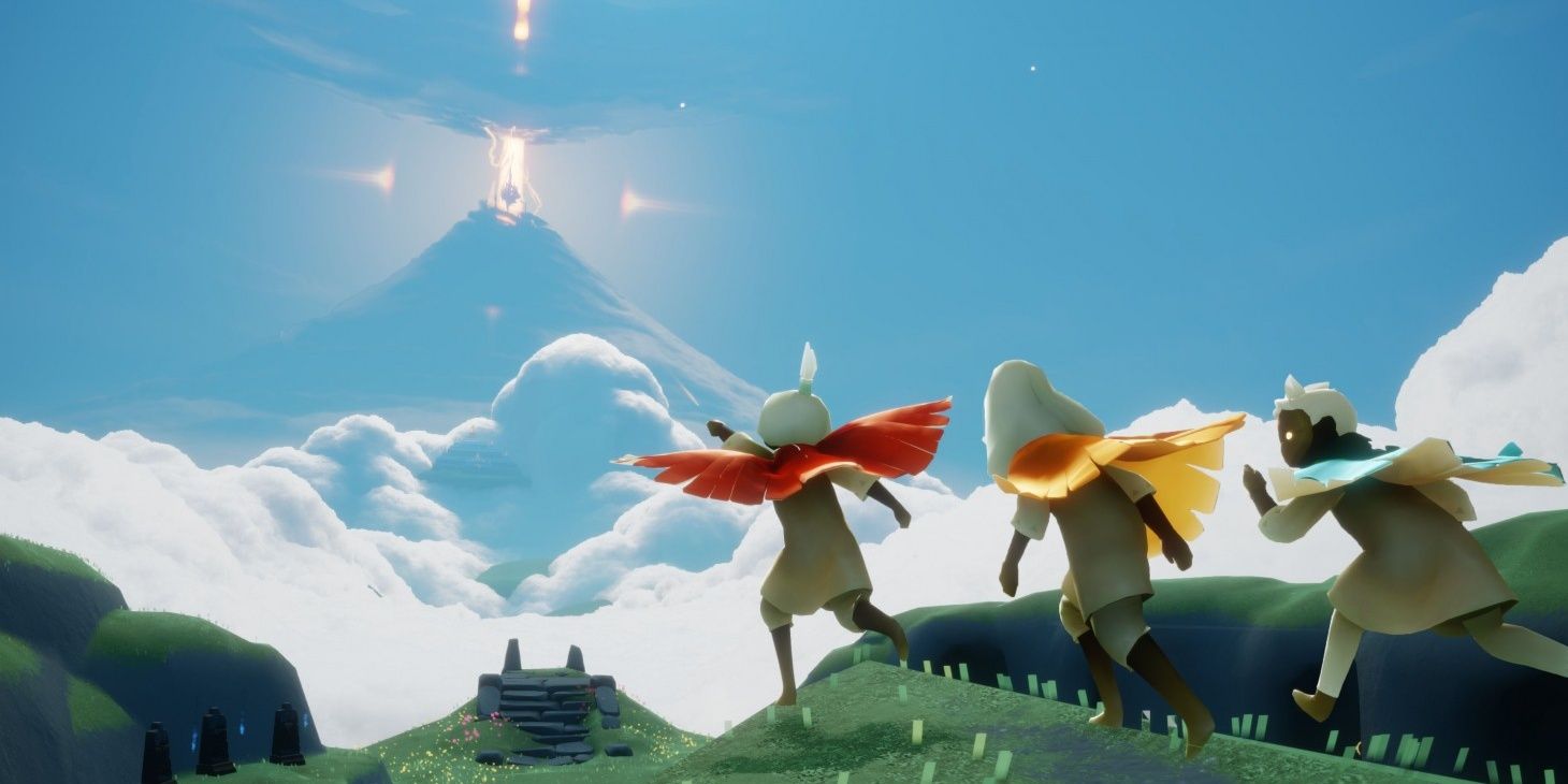 The main cast from Sky: Children of the Light running on a field towards a light in the sky