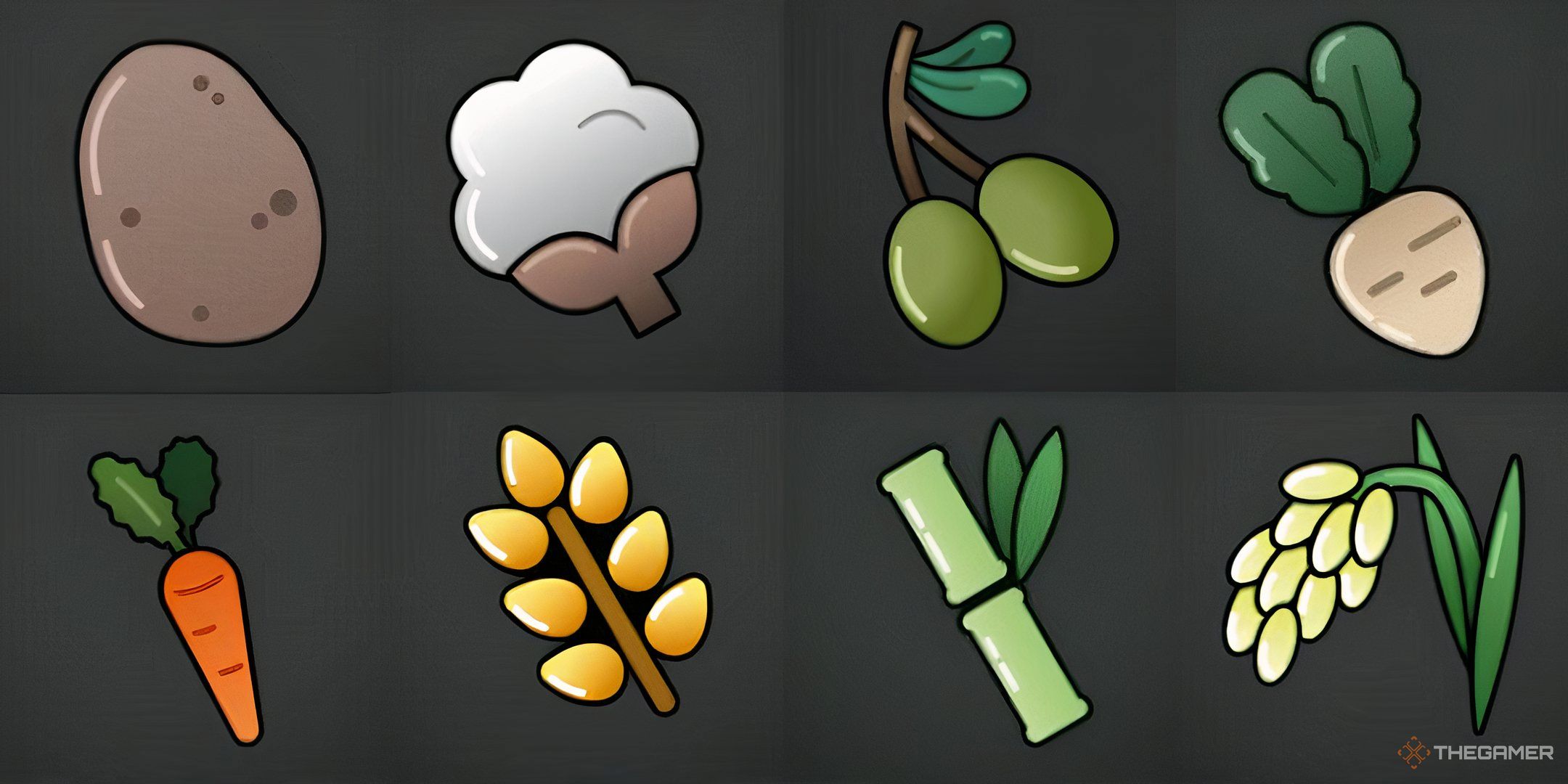 Showcasing icons of several crops found in Farming Simulator 25's Machine Crop menu.