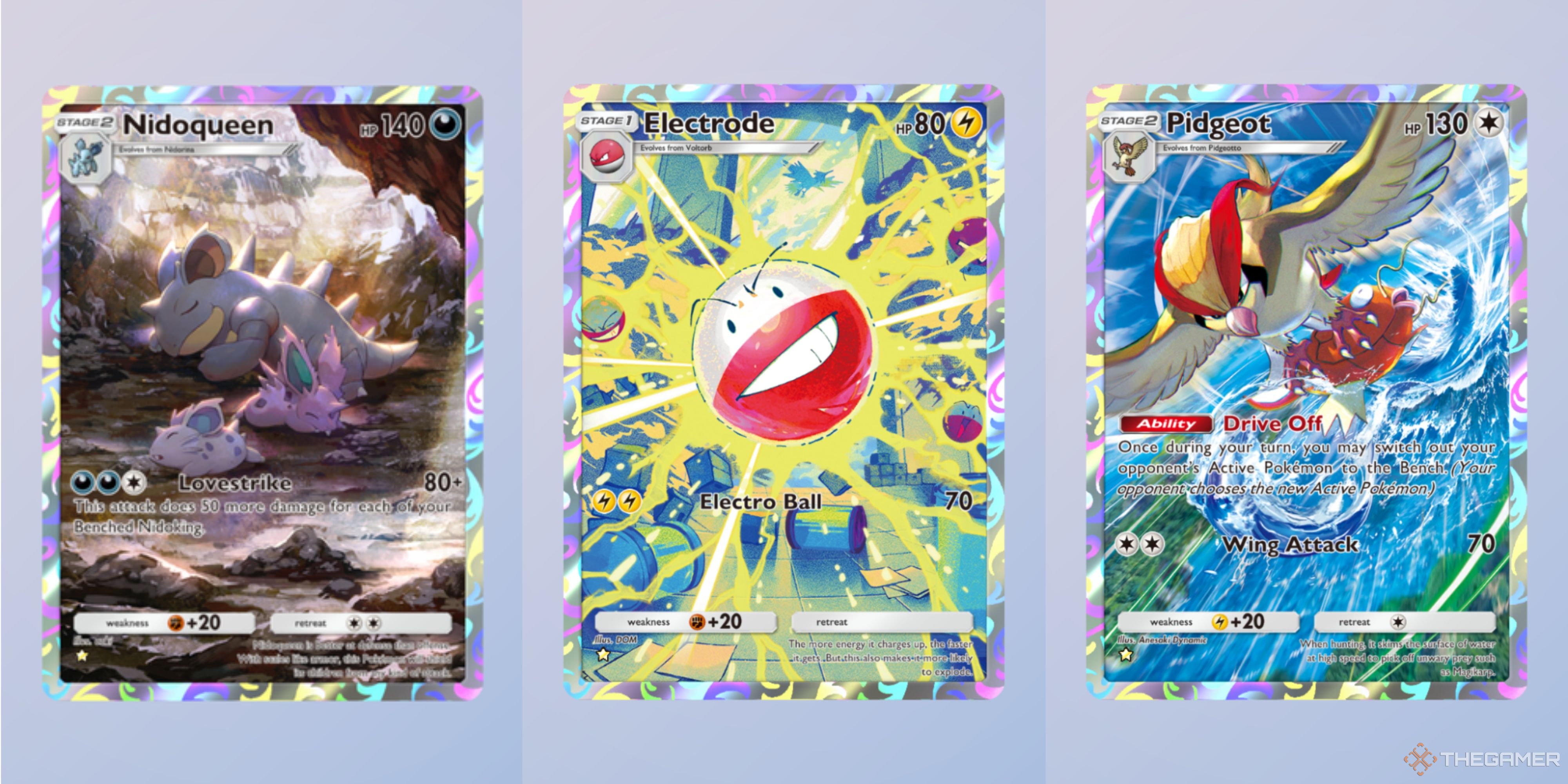 nido queen, electrode, and pidgeot cards in pokemon tcg pocket.