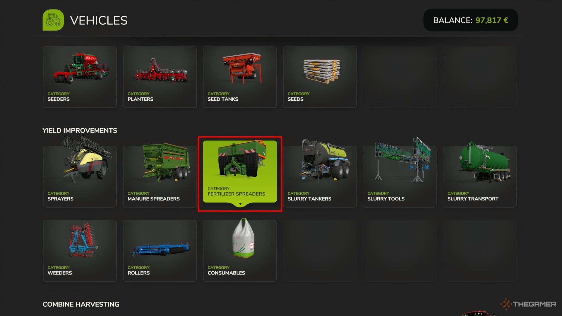 Showcasing the Fertilizer Spreaders category in Farming Simulator 25's Vehicle Store menu.