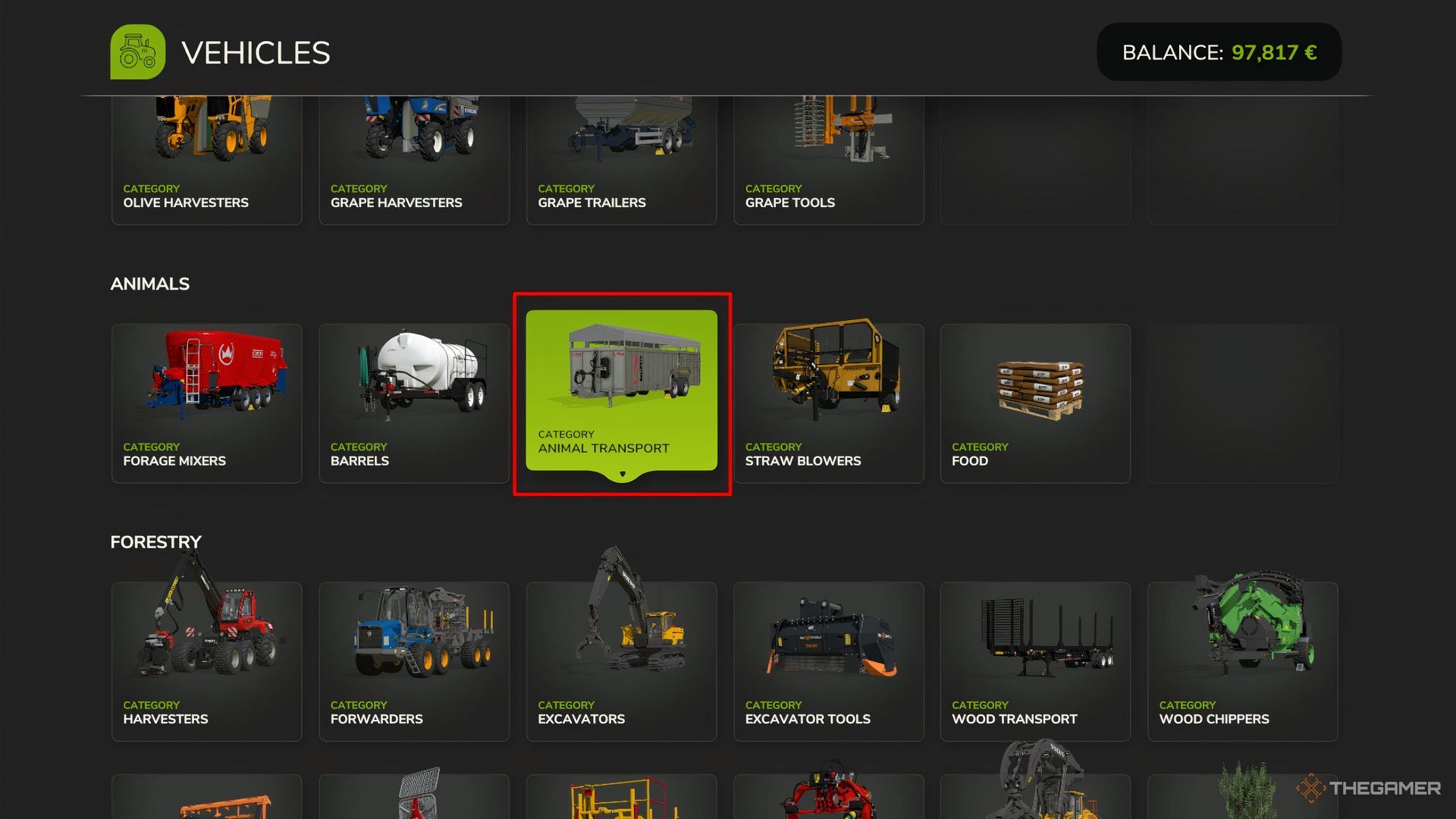 Showcasing the Animal Transport category in Farming Simulator 25's Vehicle Store menu.