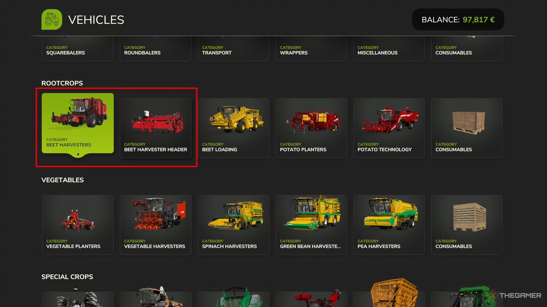 Showcasing the Beet Harvester and Beet Header category in Farming Simulator 25's Vehicle Store menu.