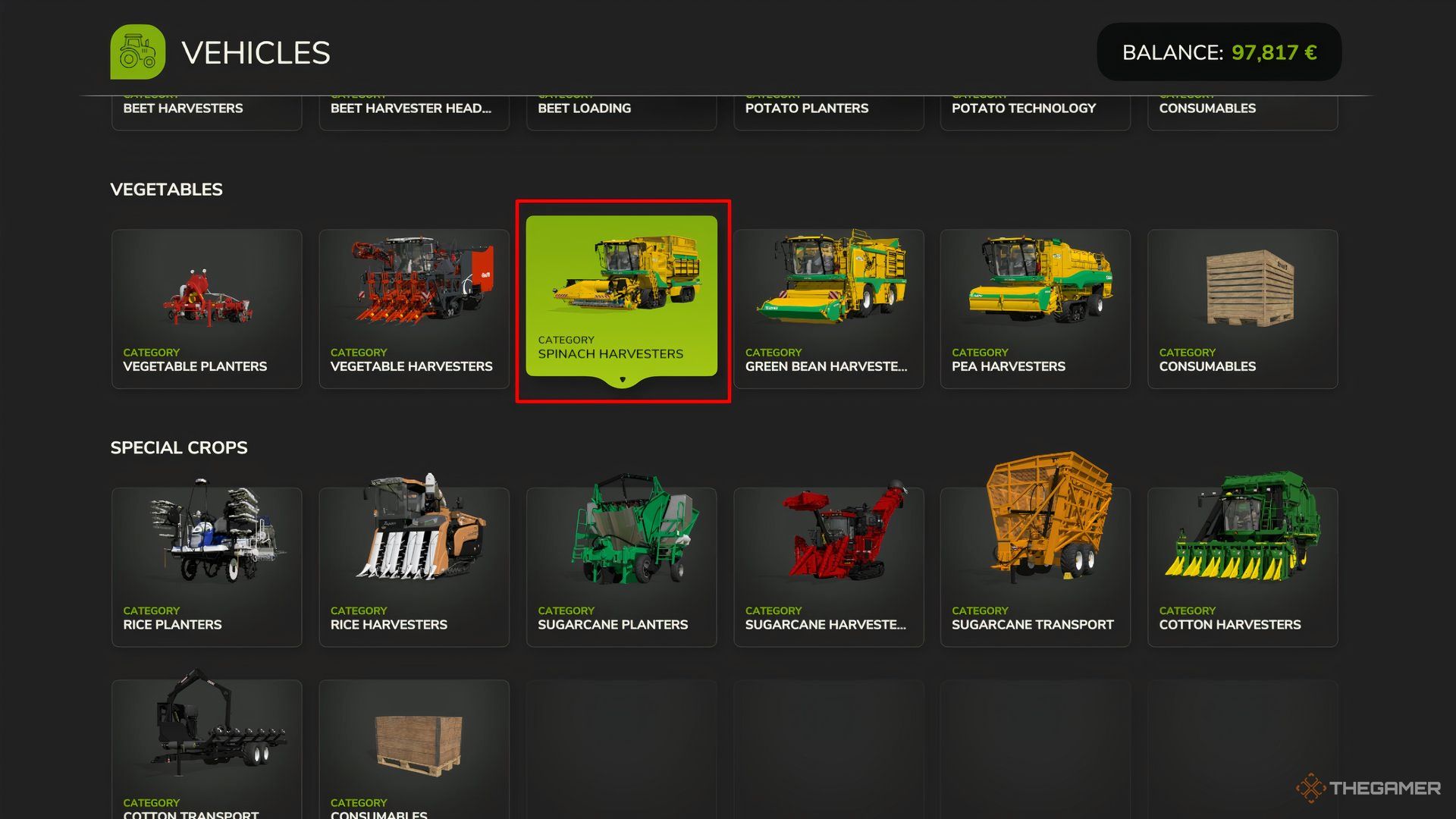 Showcasing the Spinach Harvesters category in Farming Simulator 25's Vehicle Store menu.