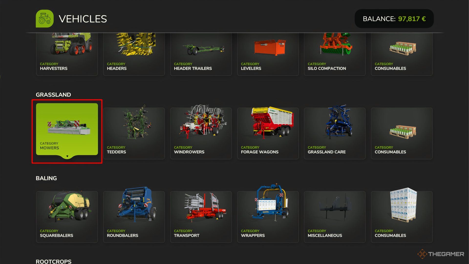 Showcasing the Mowers category in Farming Simulator 25's Vehicle Store menu.