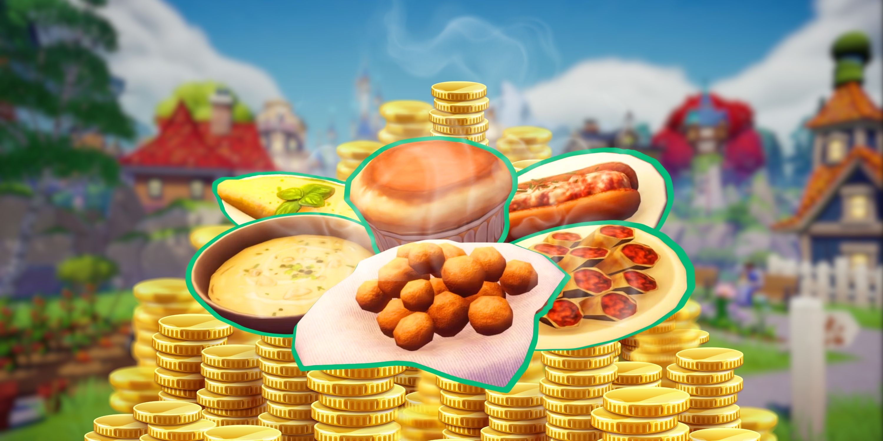 Collage image showing several Disney Dreamlight Valley dishes resting on a pile of gold