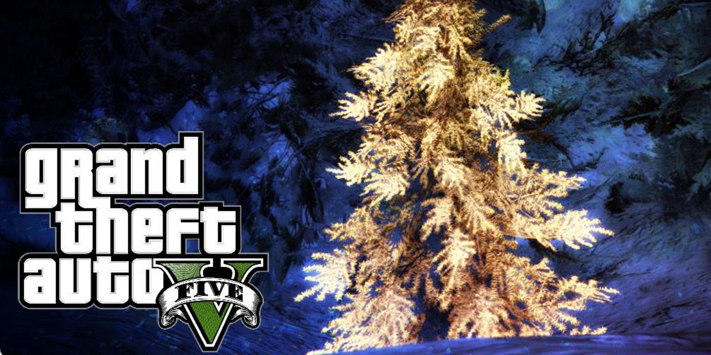 A golden tree in the woods of Grand Theft Auto 5.