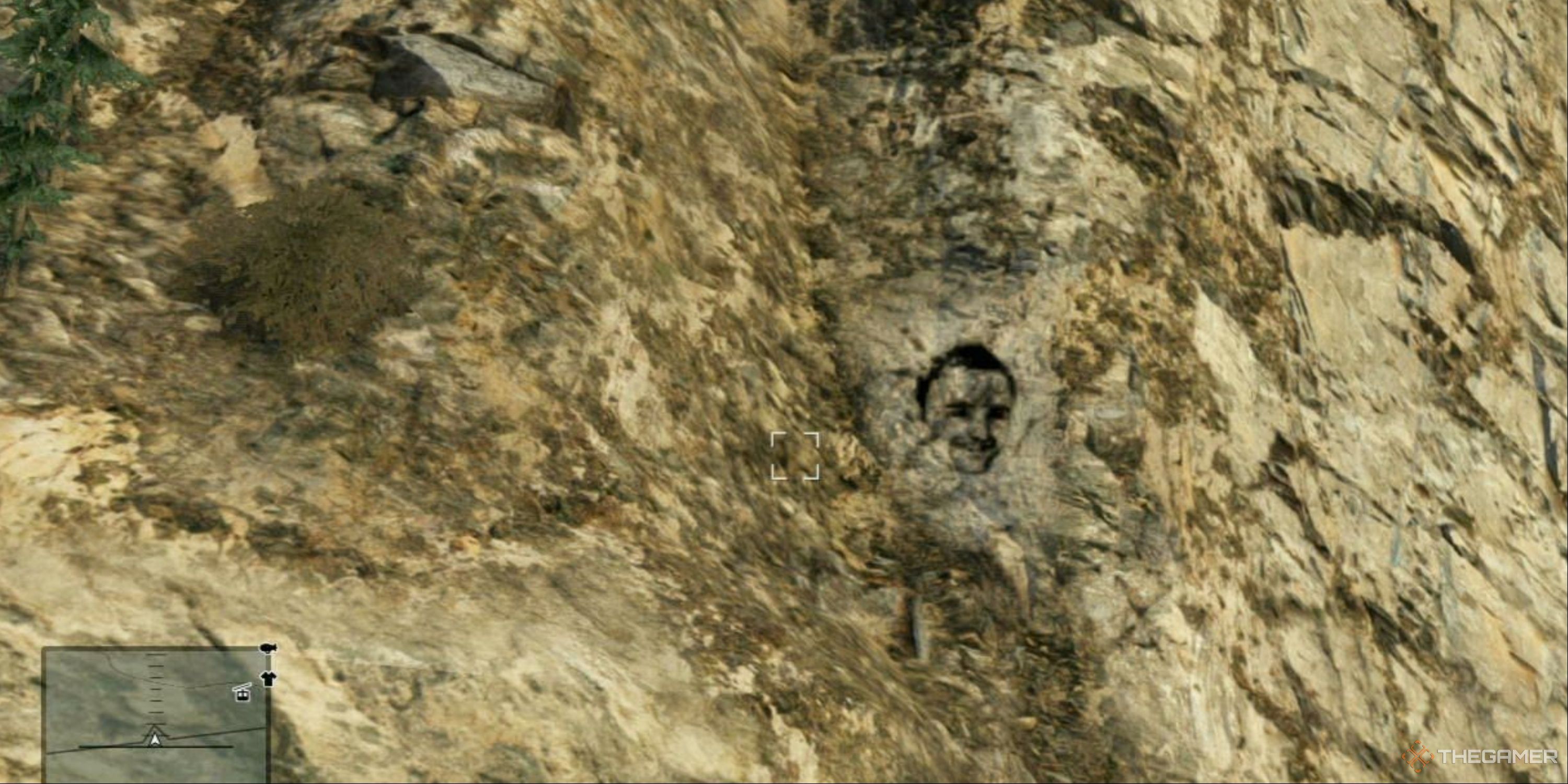 A face imposed on the rocks of Mt Chiliad in Grand Theft Auto 5.