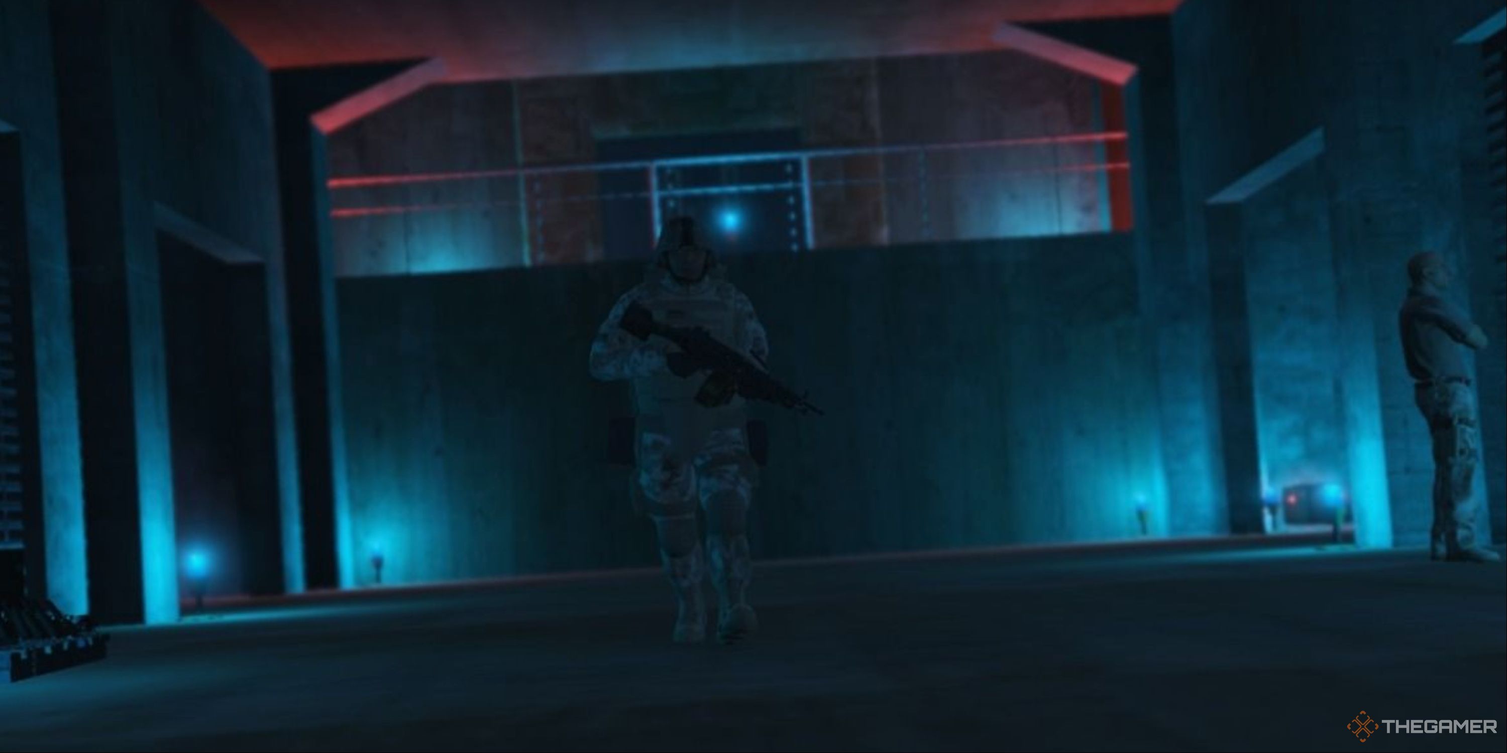 A soldier patrols an underground bunker in Grand Theft Auto 5.