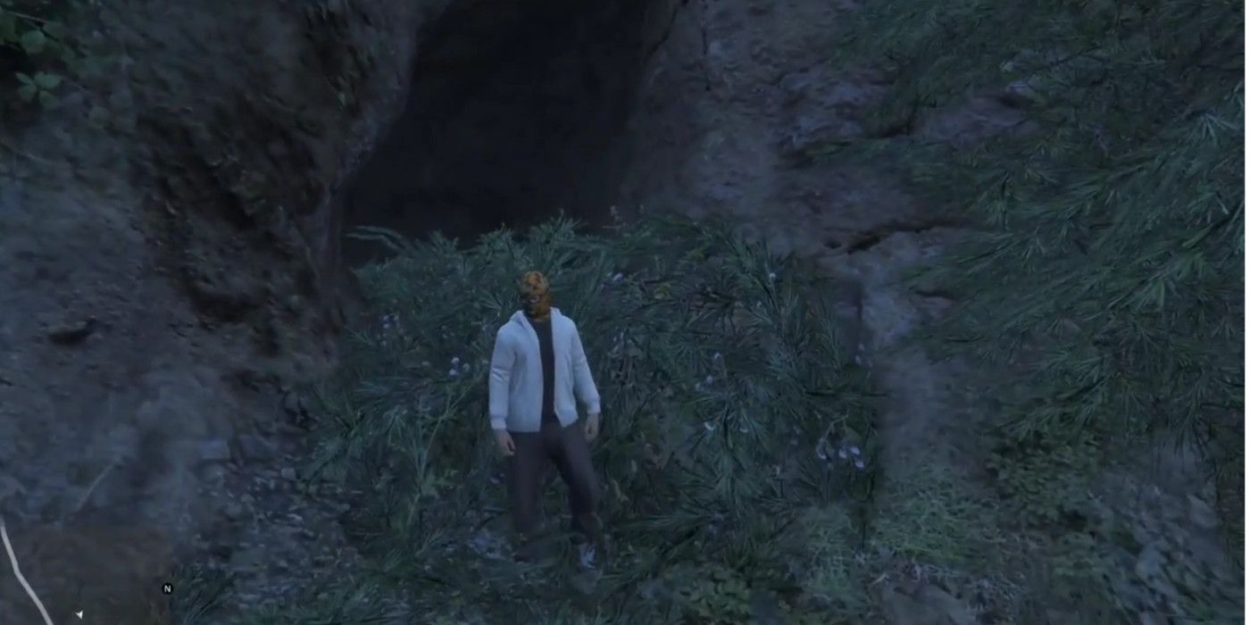 A man outside a hillside cave in Grand Theft Auto 5.