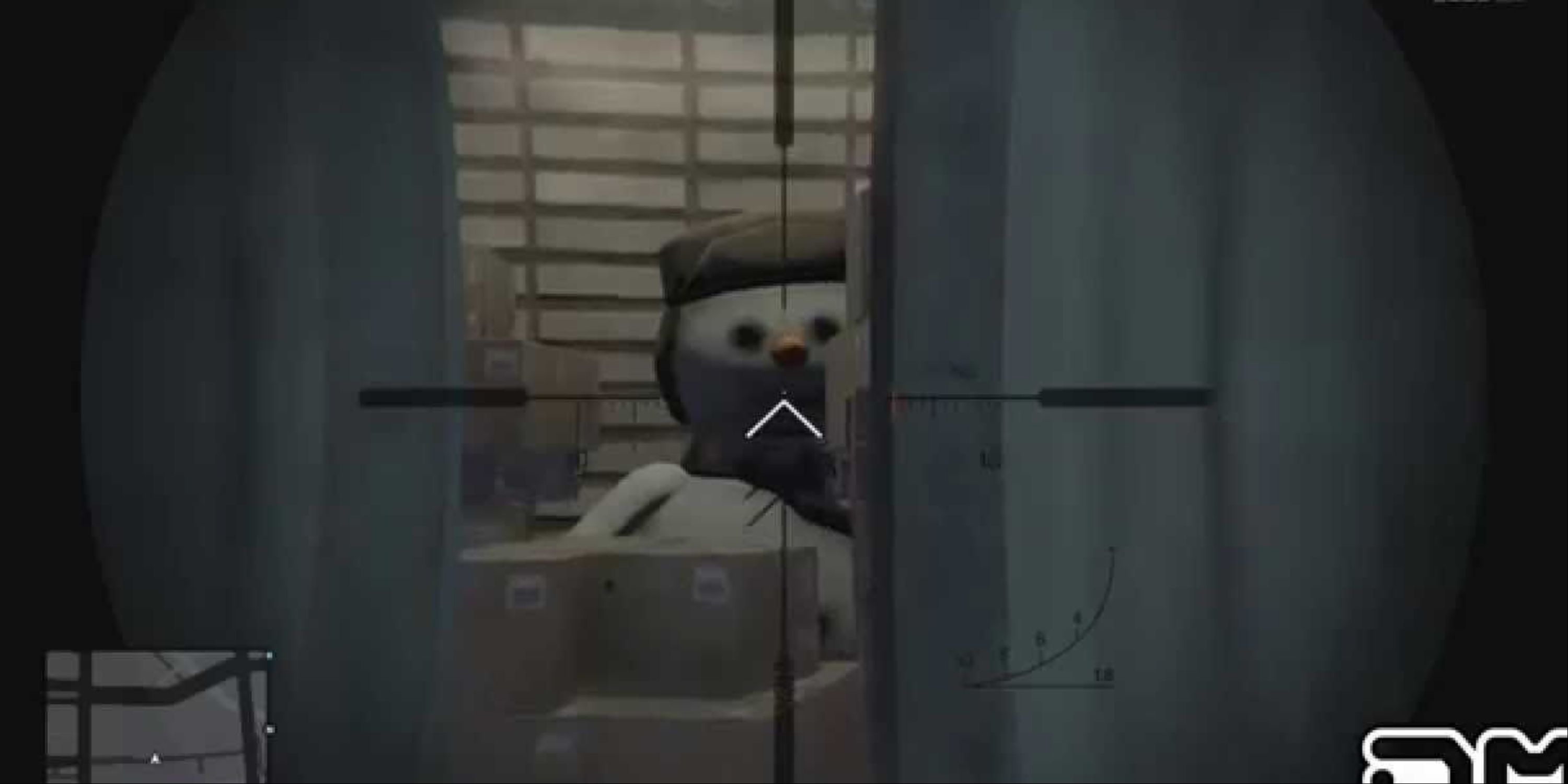 A giant snowman viewed through a sniper rifle scope in Grand Theft Auto 5.