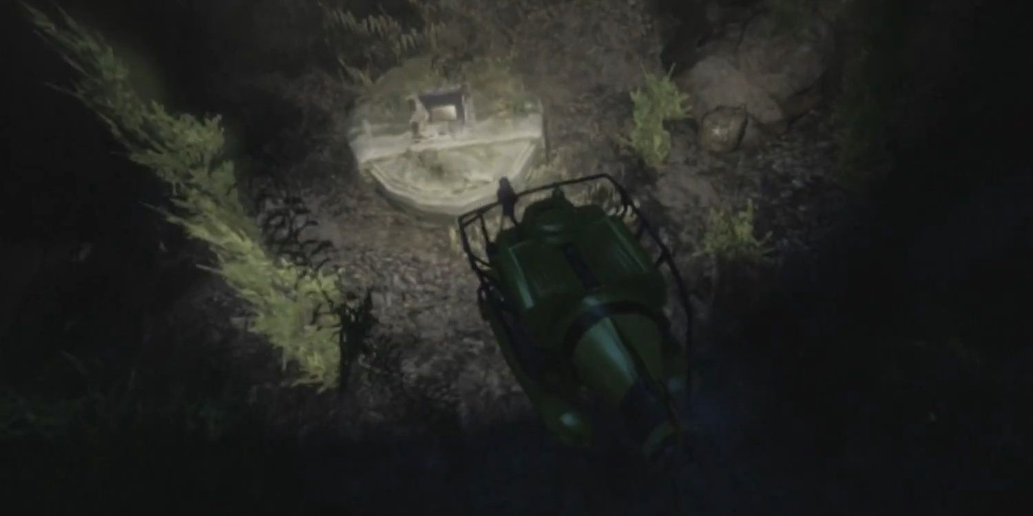 The underwater hatch in Grand Theft Auto 5, lit by the light from a submersible.