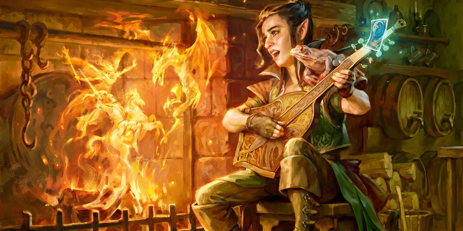 Dungeons & Dragons: Wish by Ekaterina Burmak featuring a bard woman playing guitar by fireplace with a toad on her shoulder