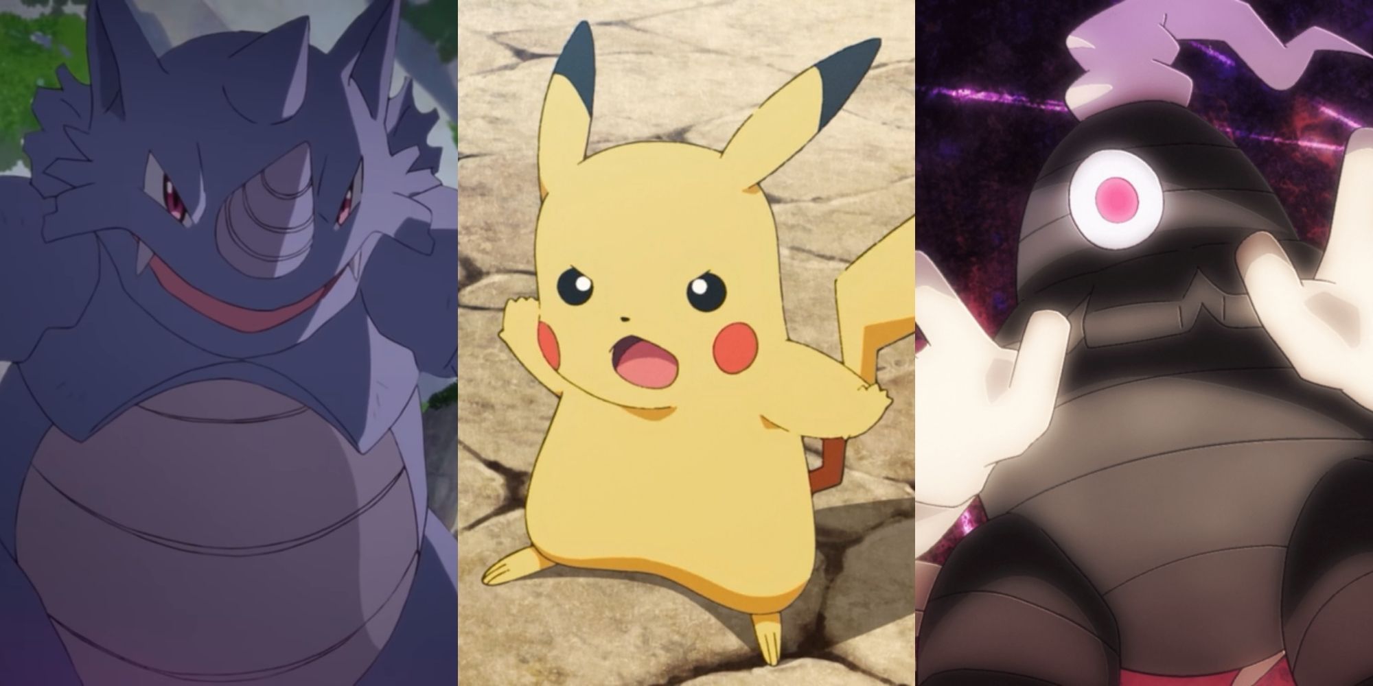 A collage of Pokemon that are better than their evolutions: Rhydon, Pikachu and Dusclops.