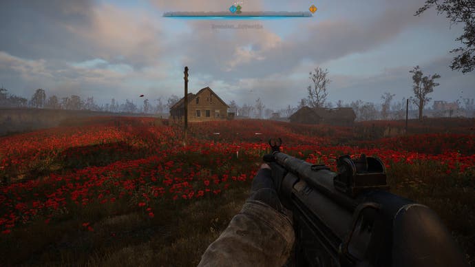 The player points their gun across a field of red poppies in Stalker 2: Heart of Chornobyl.