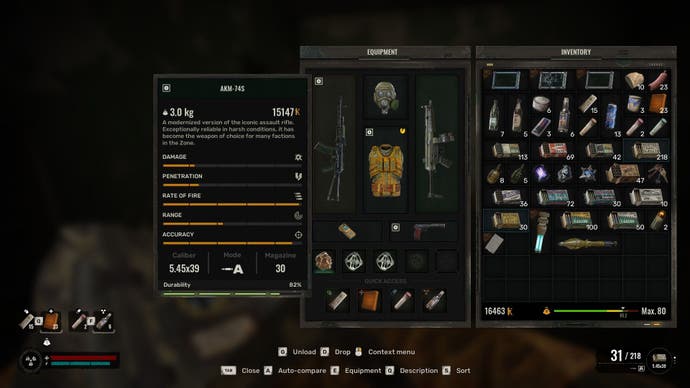 A screen showing the player's inventory, containing ammo, first aid kits, grenades, and more in Stalker 2: Heart of Chornobyl.